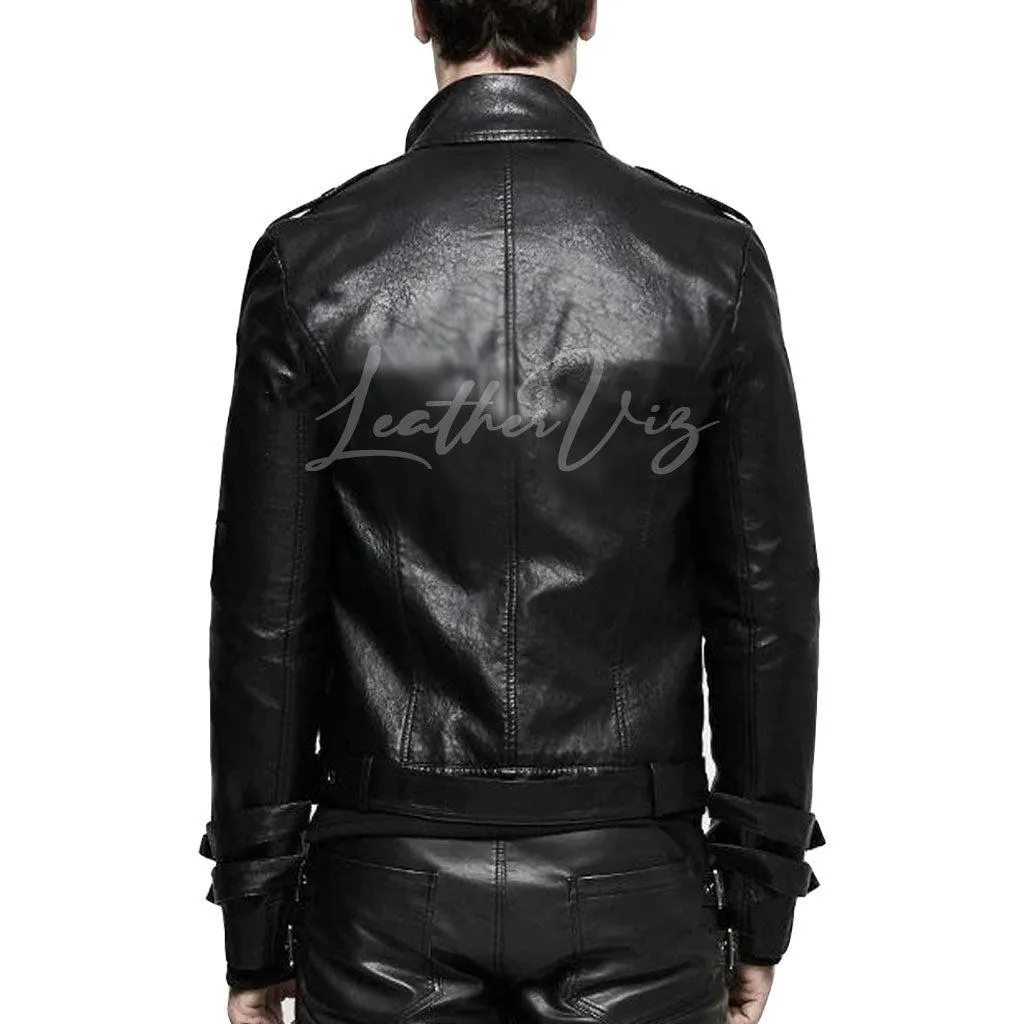 Adjustable Buckle Rivets Gothic Leather Biker Jacket For Men