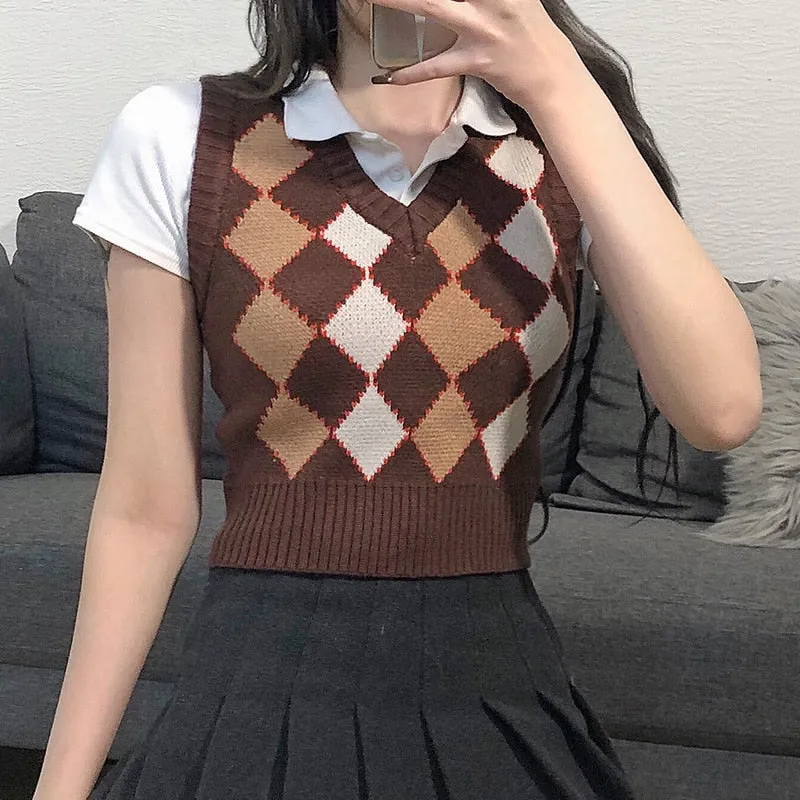 Argyle Women Sweater Vest Vintage Autumn Knit Pullover Cute Crop Jumper Short Sweater Streetwear Brown Top