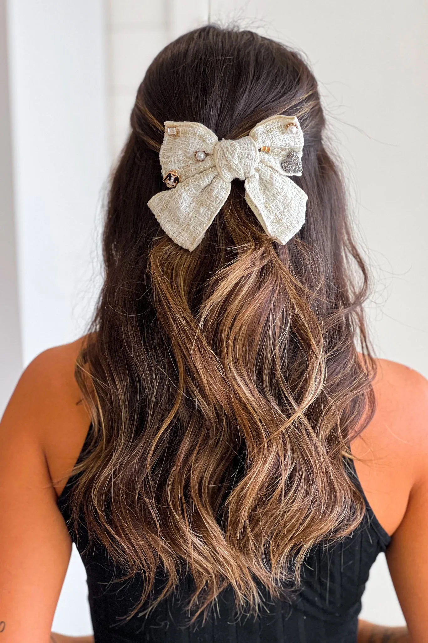 Beige Bow Knot With Crystal Pearl Tweed Hair Clip Barrette