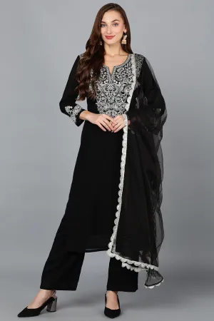 Black Silk Blend Straight Kurta Pant With Dupatta