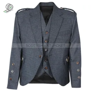 Blue Worsted Wool Serge Fabric Argyll Jacket with Five Button Waistcoat