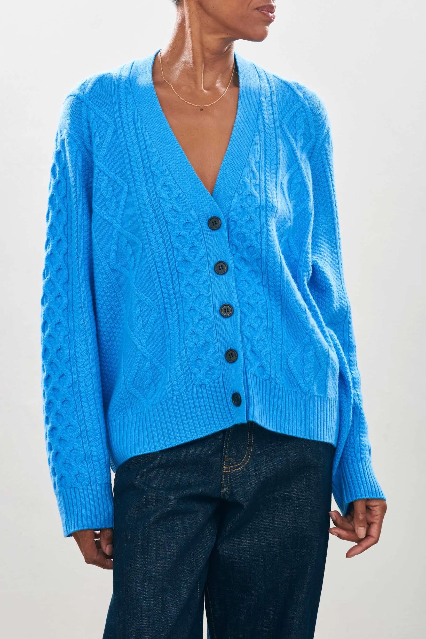 Cashmere Wool Aran Cardigan in Sky