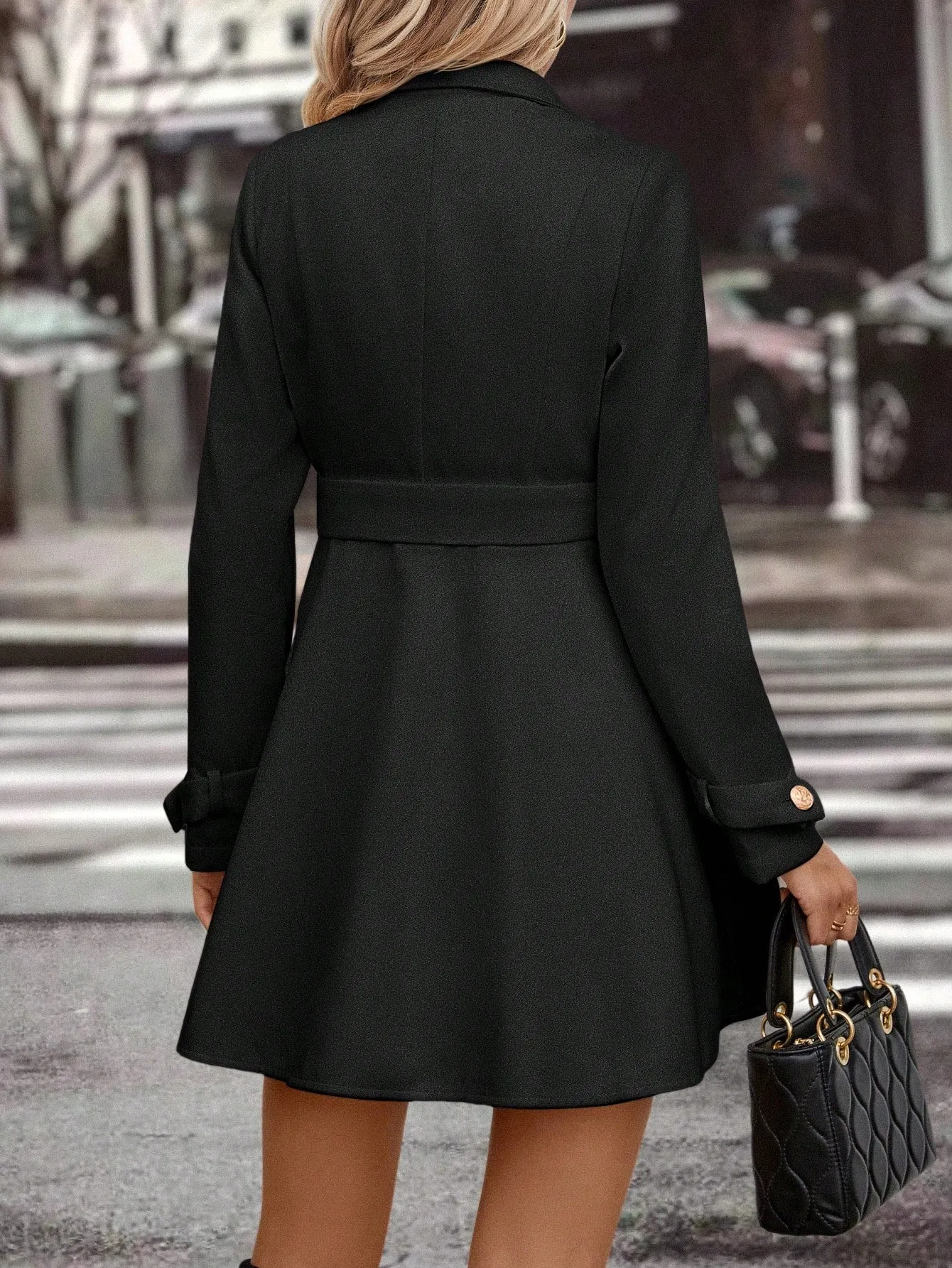 Clasi Solid Button Front Belted Tweed Coat