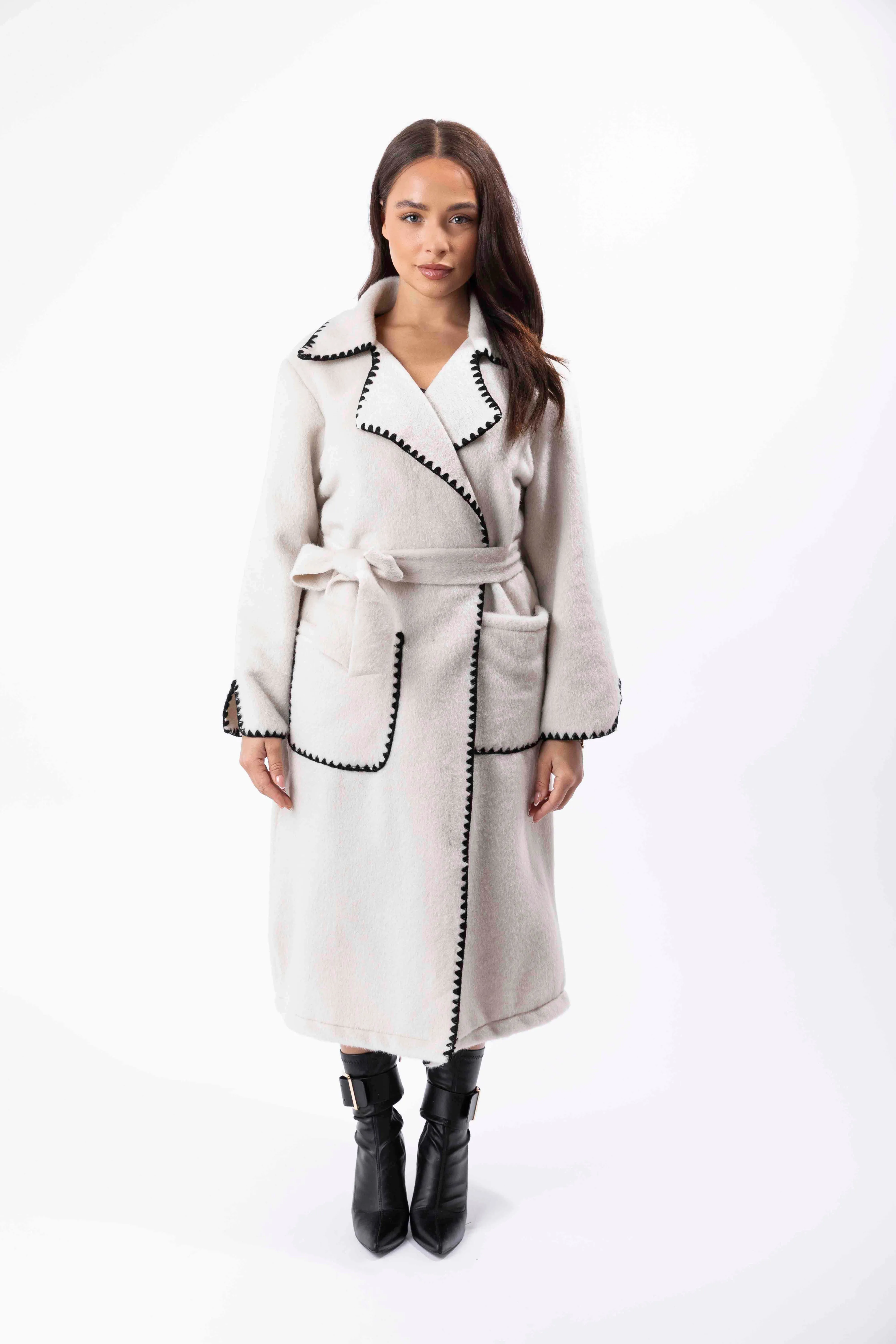 Contrast Stitch Felt Midi Tie Up Coat