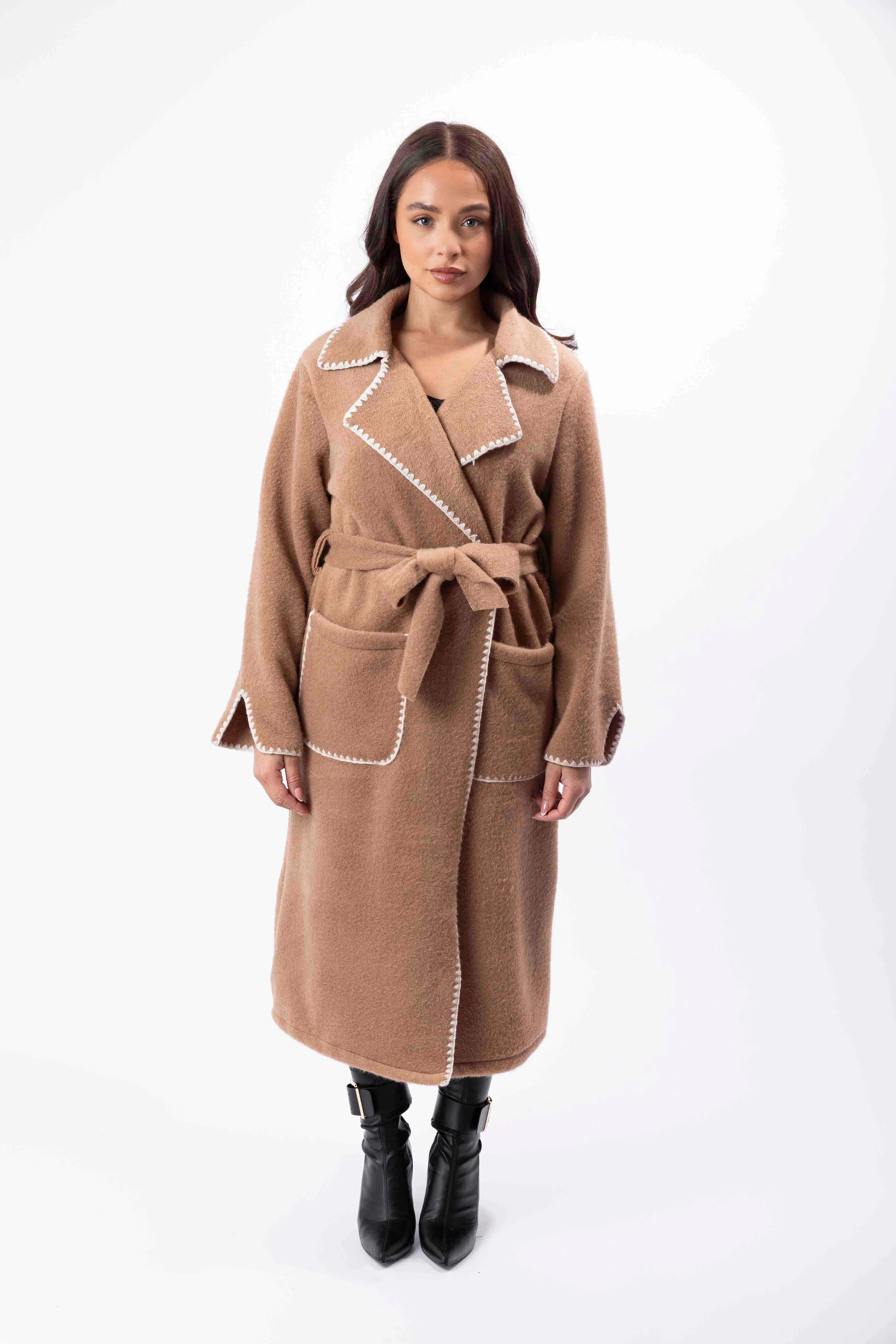 Contrast Stitch Felt Midi Tie Up Coat