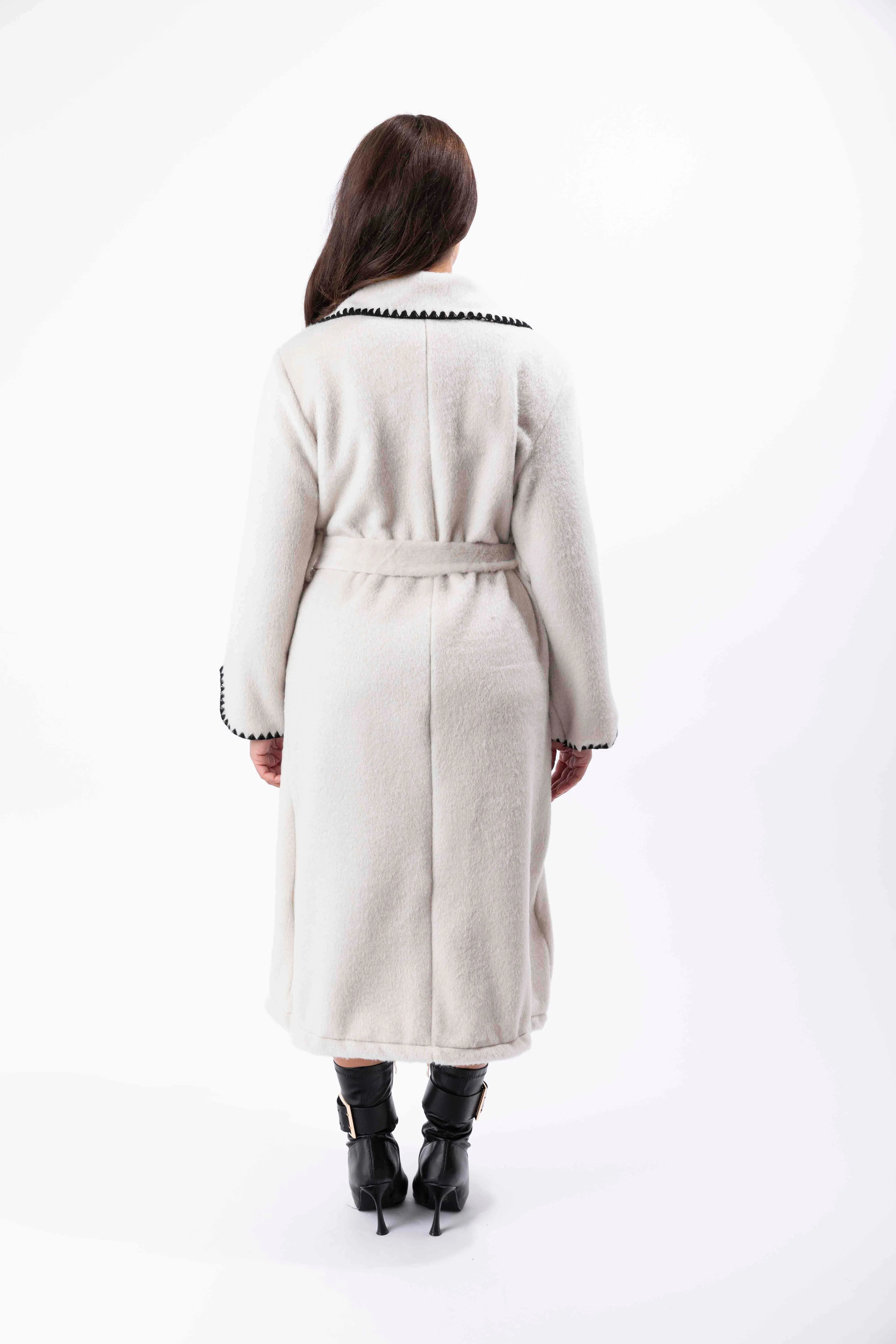 Contrast Stitch Felt Midi Tie Up Coat