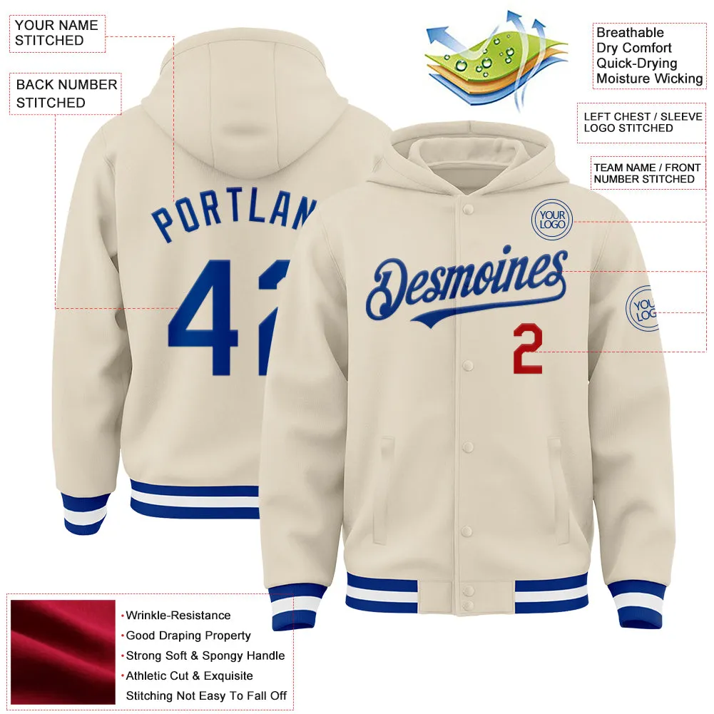 Custom Cream Royal Red-White Bomber Full-Snap Varsity Letterman Hoodie Jacket