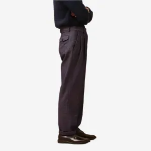 Enfield Two Pleat Wool Pant - Navy Herringbone