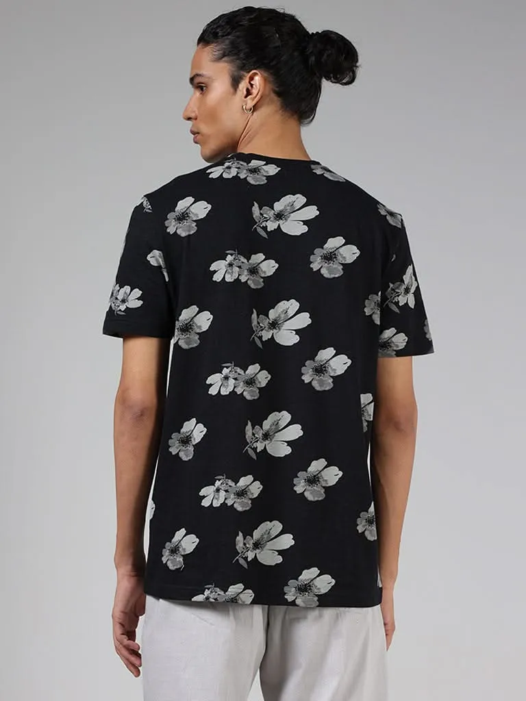 ETA Black Floral Printed Cotton Slim-Fit T-Shirt