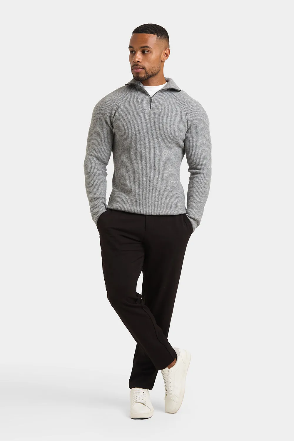 Fisherman Rib Quarter Zip in Soft Grey