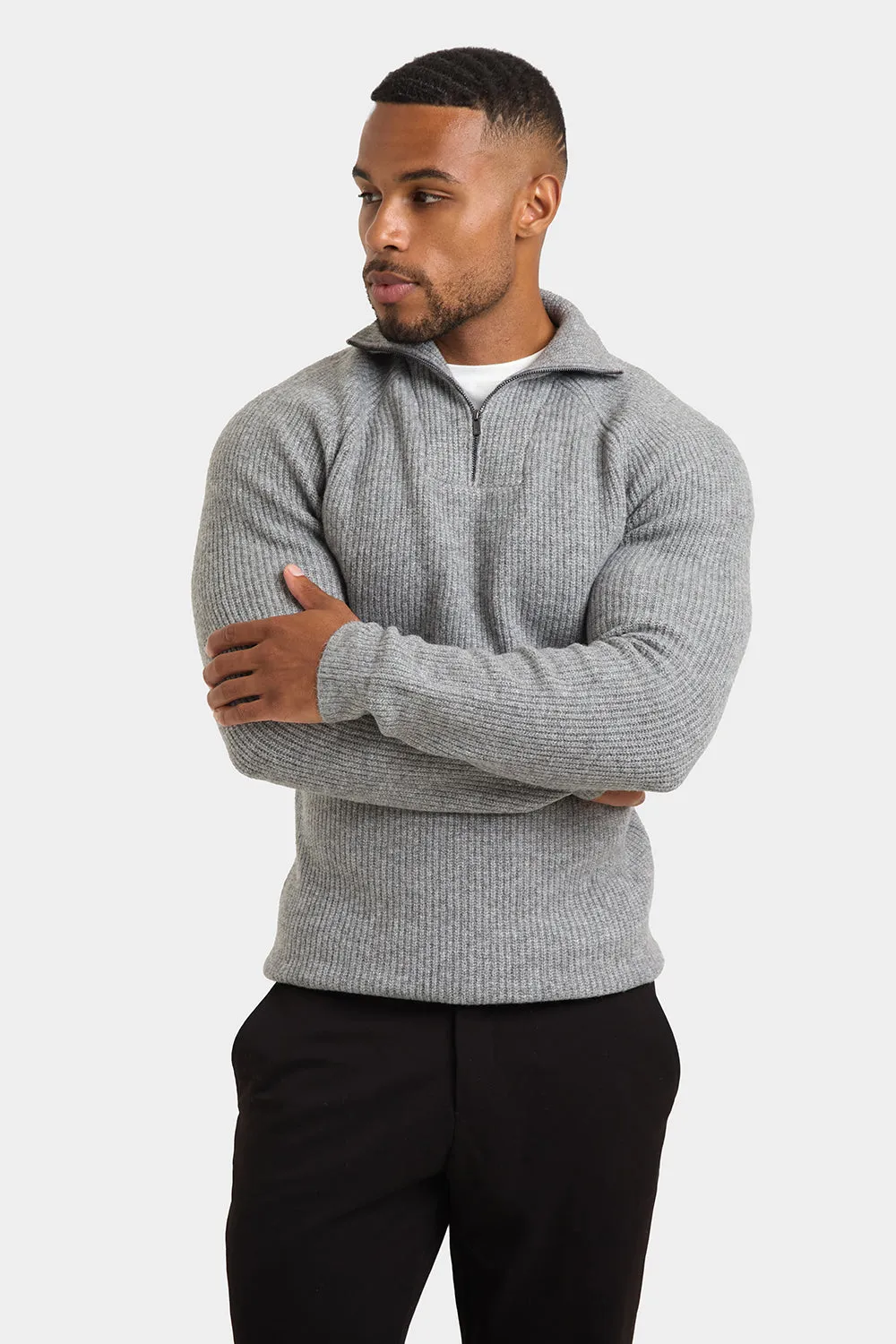 Fisherman Rib Quarter Zip in Soft Grey