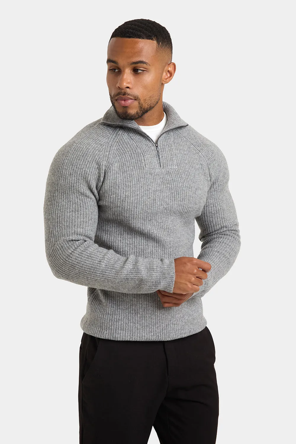 Fisherman Rib Quarter Zip in Soft Grey