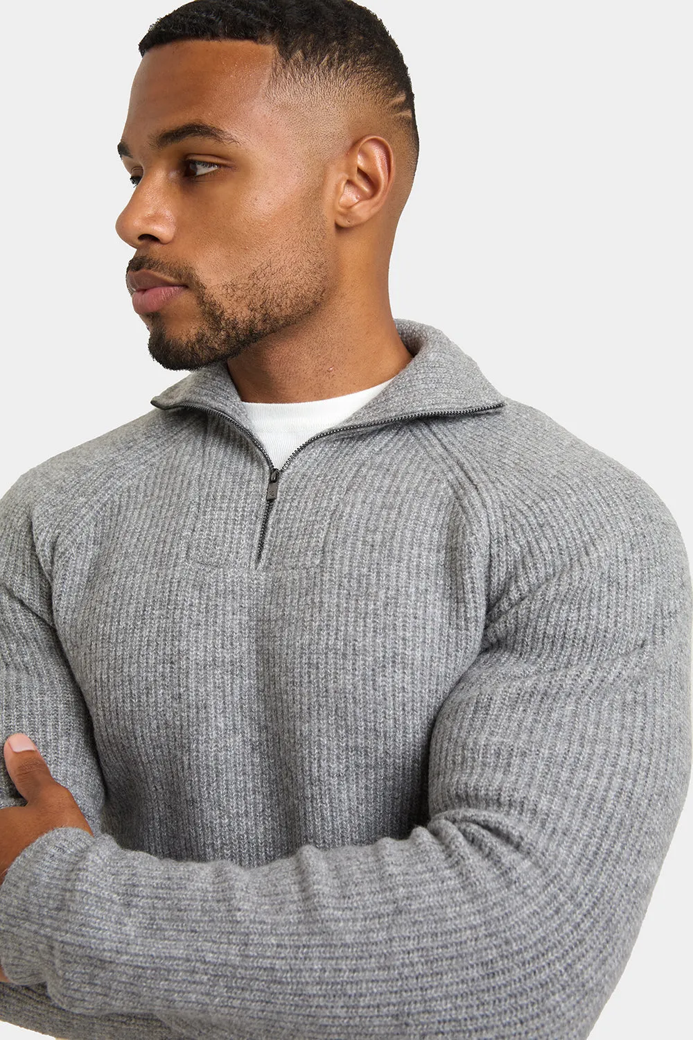 Fisherman Rib Quarter Zip in Soft Grey