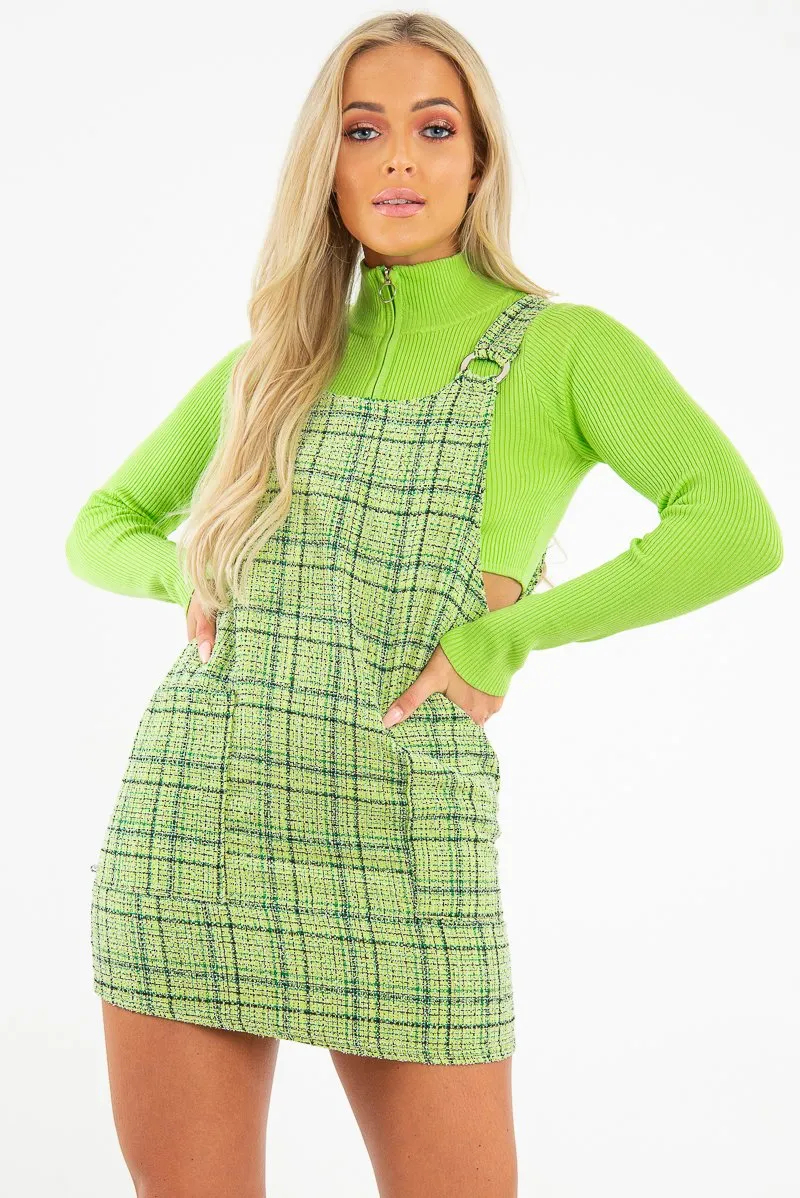 Green Tweed Ring Front Pinafore Dress - Lexie