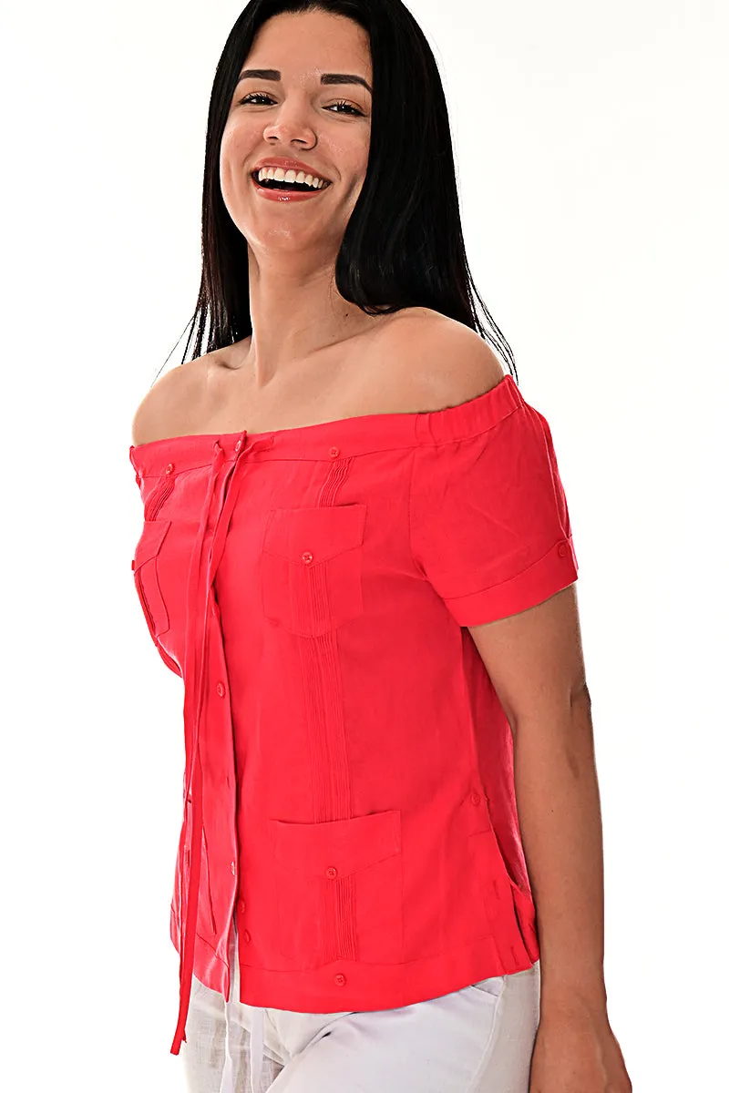 Ladies Linen Guayabera Off-the-Shoulder Short Sleeve Top in (5) Colors - LLGB3007