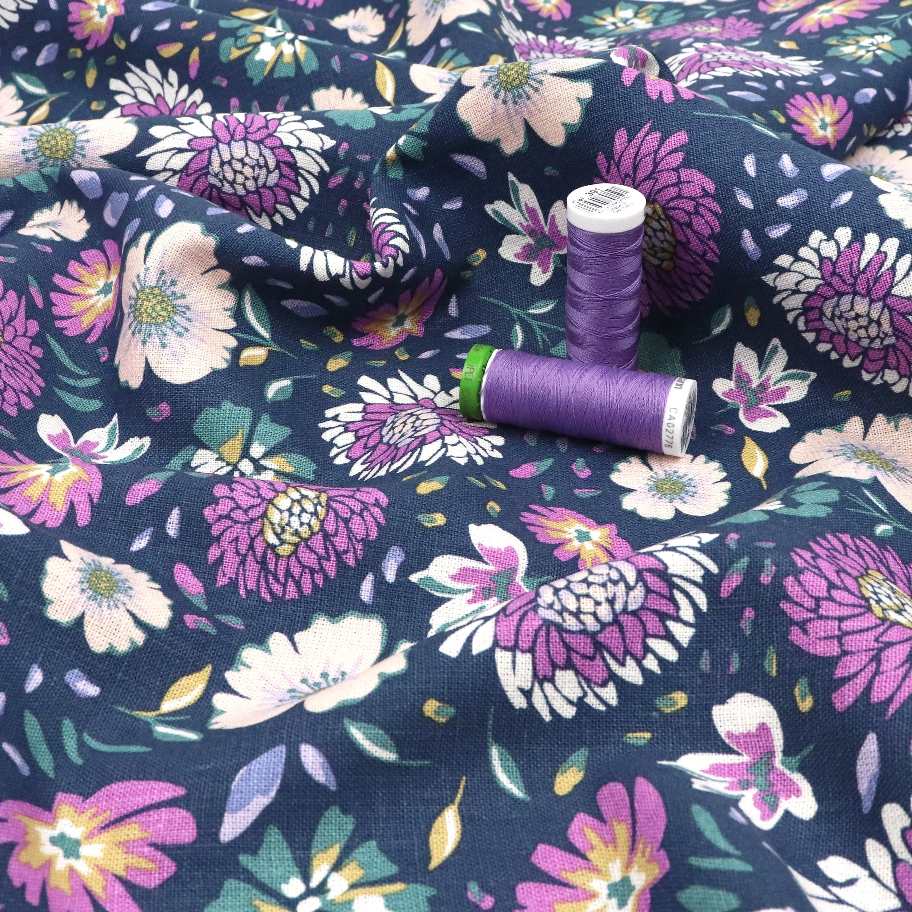 Linen Viscose - Chrysanthemum - Marine Blue - END OF BOLT 44cm