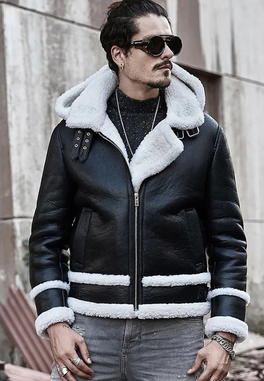 Men’s Aviator Removable Hood Black Leather White Shearling Jacket