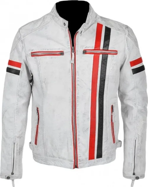 Mens Biker Style White Leather Motorcycle Jacket