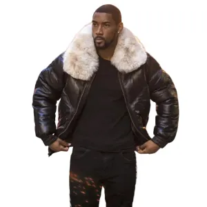 Mens Black Leather V Bomber Jacket With White Fur Collar