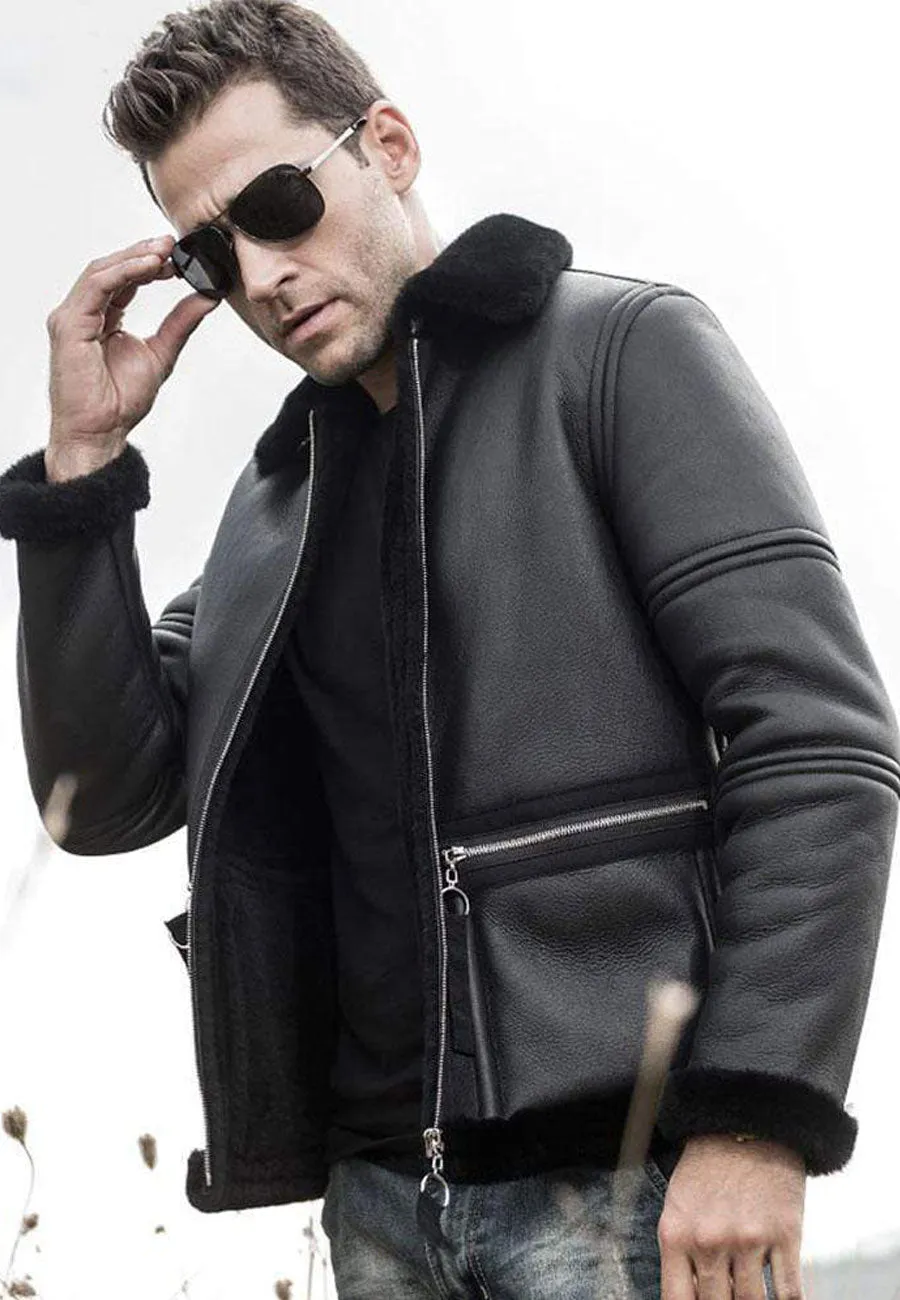 Men’s Black Shearling Flight Aviator Jacket