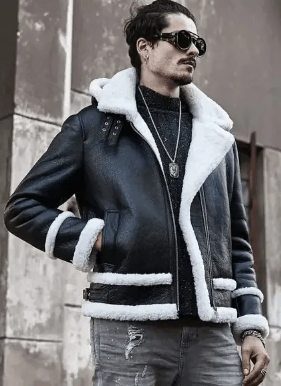 Mens Black Sheepskin Leather Bomber Jacket With Hood