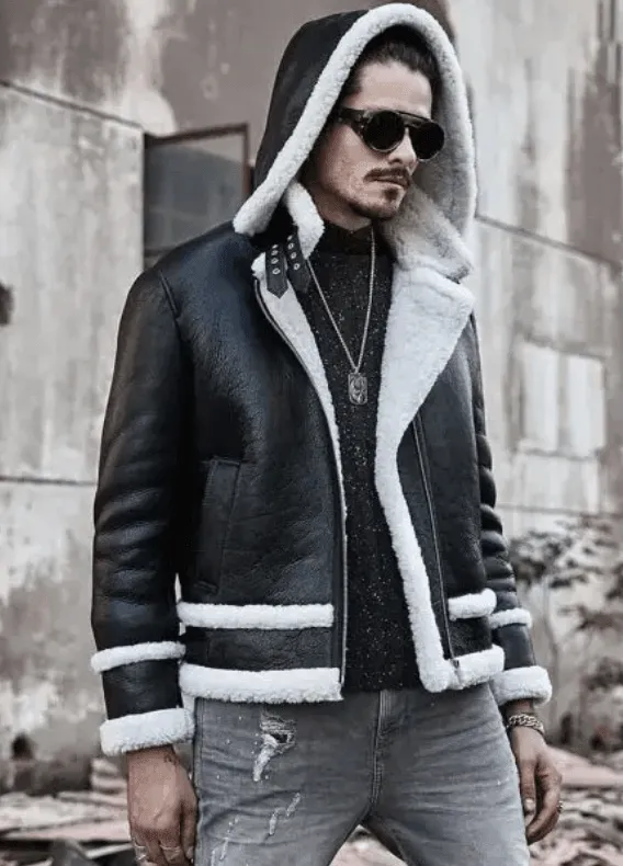 Mens Black Sheepskin Leather Bomber Jacket With Hood