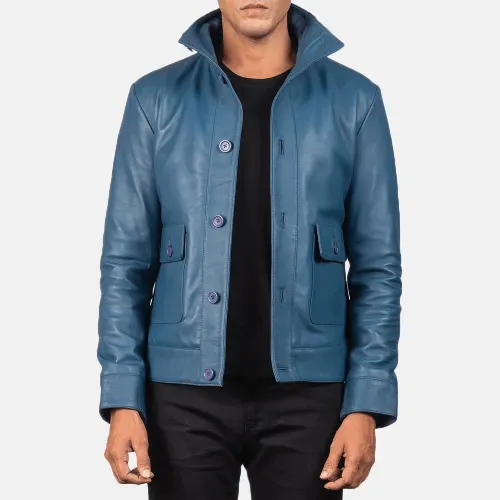 Mens Ionic Blue Leather Bomber Jacket