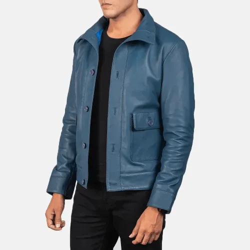 Mens Ionic Blue Leather Bomber Jacket