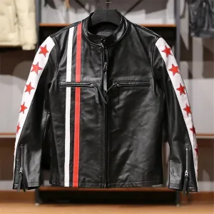 Men's Knight J100 Genuine Leather Jacket with Stand Collar & Red Stripe