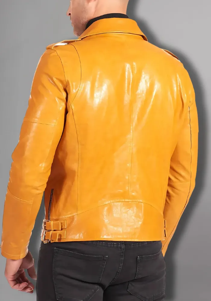 Mens Yellow Real Vintage Distressed Biker Cafe Racer Leather Jacket