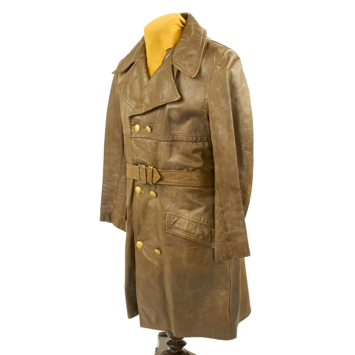 Original German WWII Political Officer Brown Leather Greatcoat - Size 40