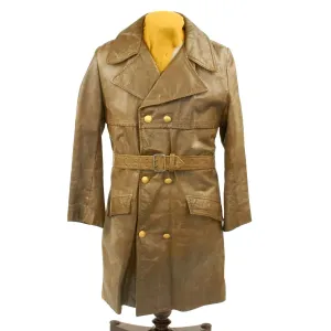 Original German WWII Political Officer Brown Leather Greatcoat - Size 40