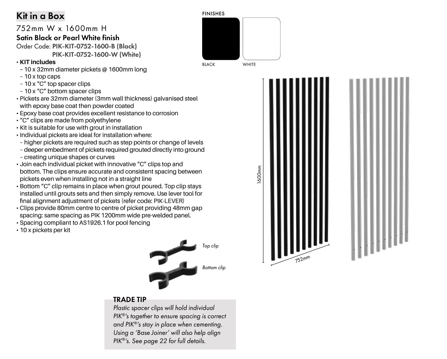 PIK - PICKET KIT - 1600H - Black,     Blade Picket Pool Fence Blades.