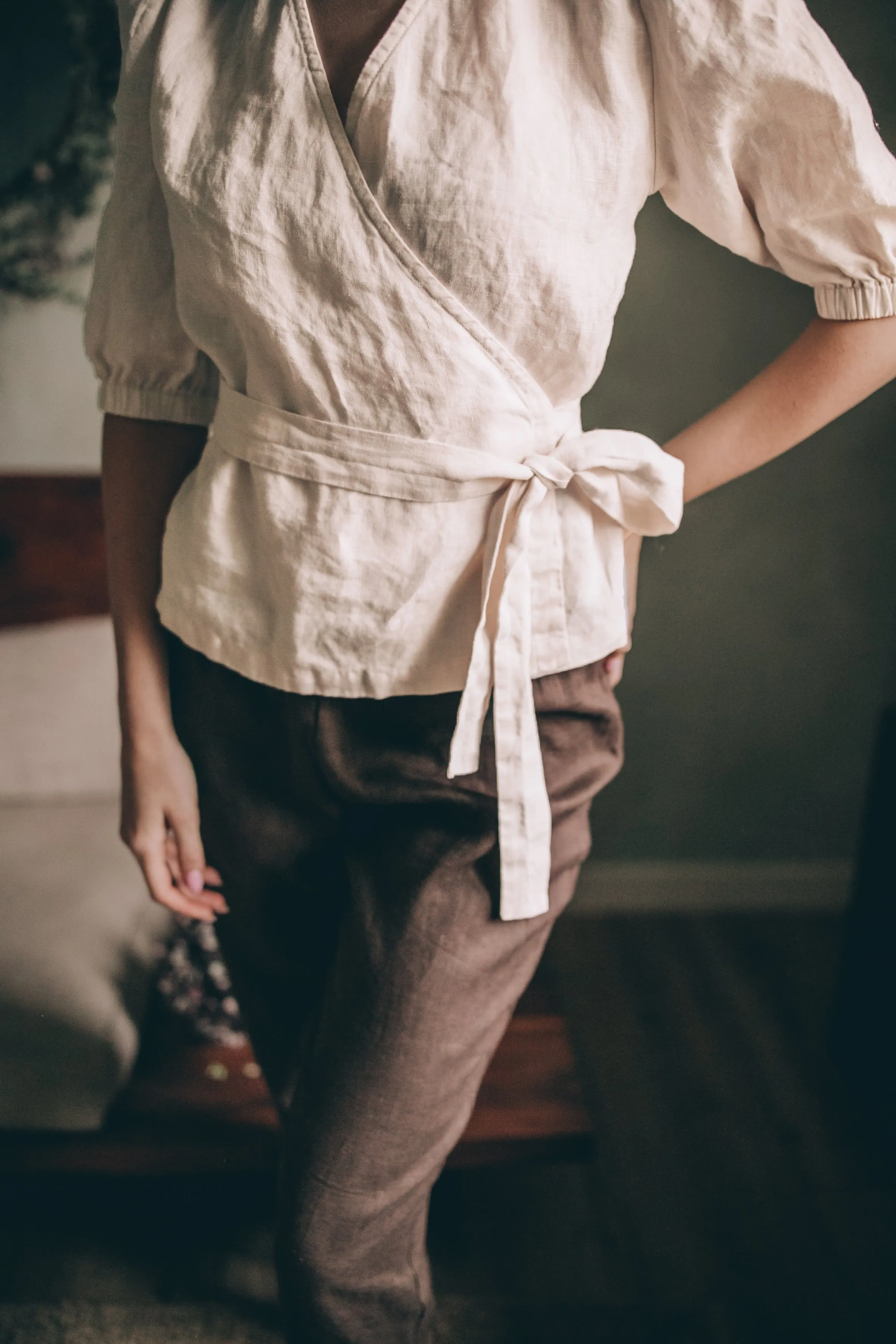 Puff Sleeve Linen Wrap Top