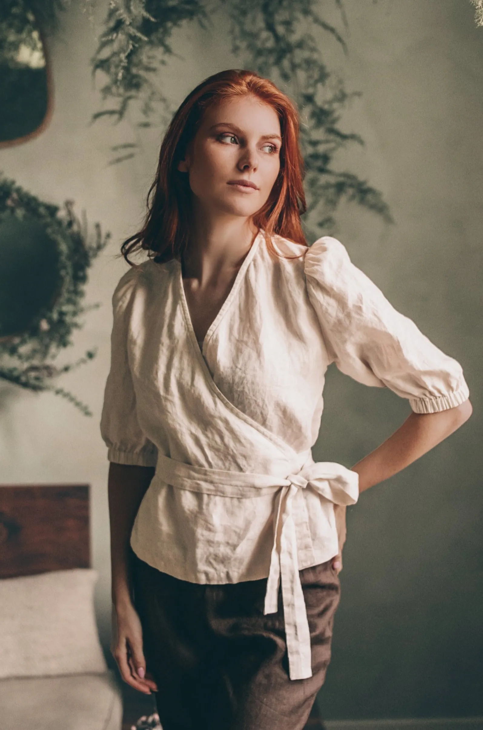 Puff Sleeve Linen Wrap Top