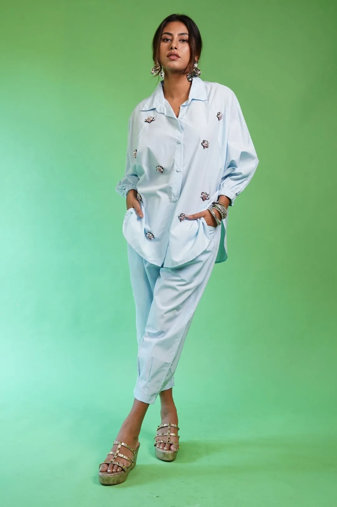 Sara Light Blue Lille Shirt with Pleated Pant