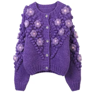 Sweater Women Autumn And Winter New Retro Handmade Sweaters O Neck Fashion Long-sleeve Purple Knitted Cardigan Coat  C-273