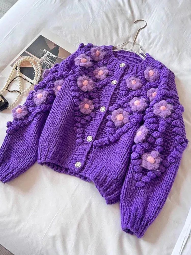 Sweater Women Autumn And Winter New Retro Handmade Sweaters O Neck Fashion Long-sleeve Purple Knitted Cardigan Coat  C-273