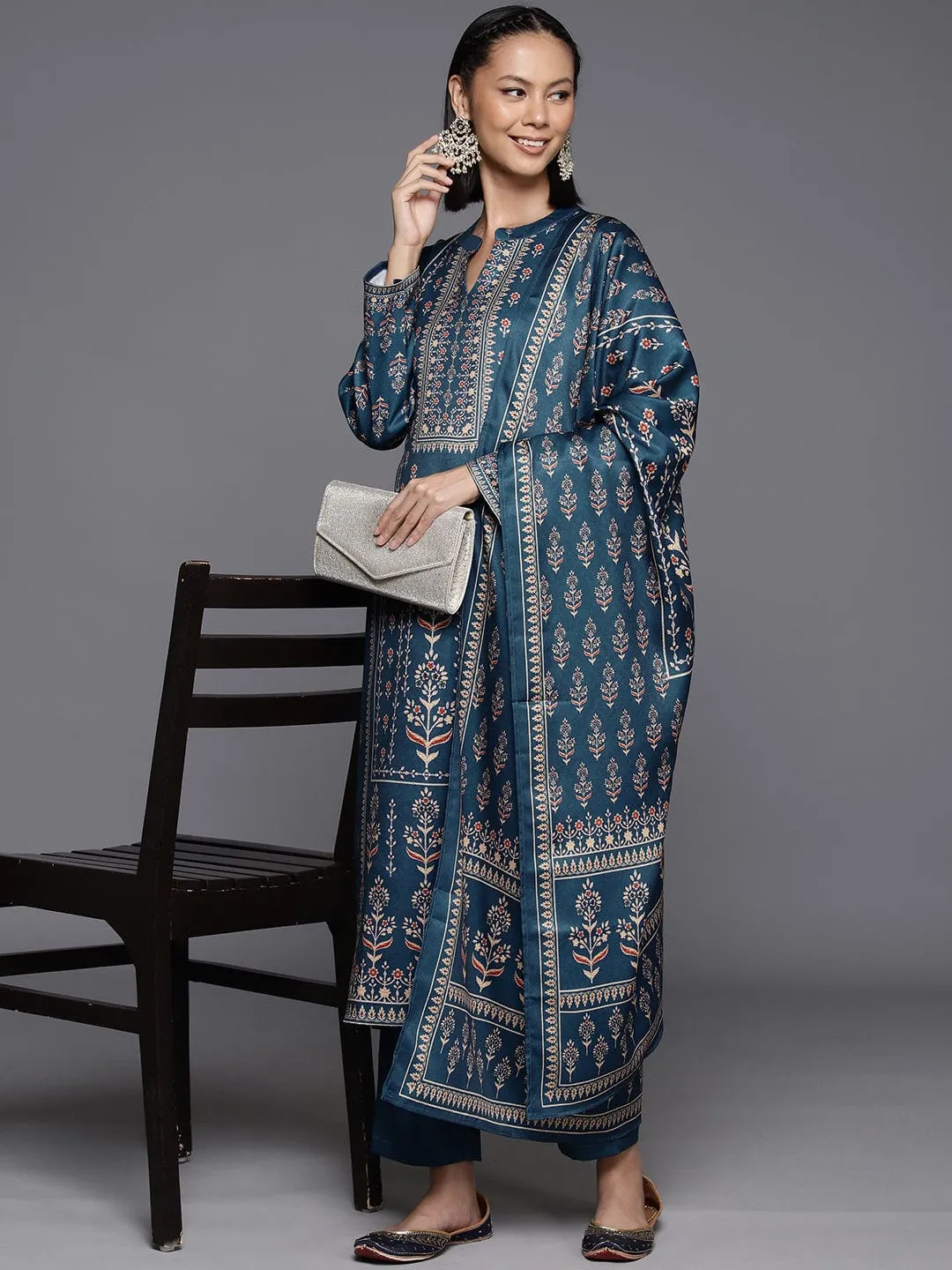 Varanga Women Blue Wool Ethnic Motif Printed Straight Kurta With Bottom And Dupatta