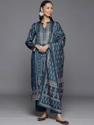 Varanga Women Blue Wool Ethnic Motif Printed Straight Kurta With Bottom And Dupatta