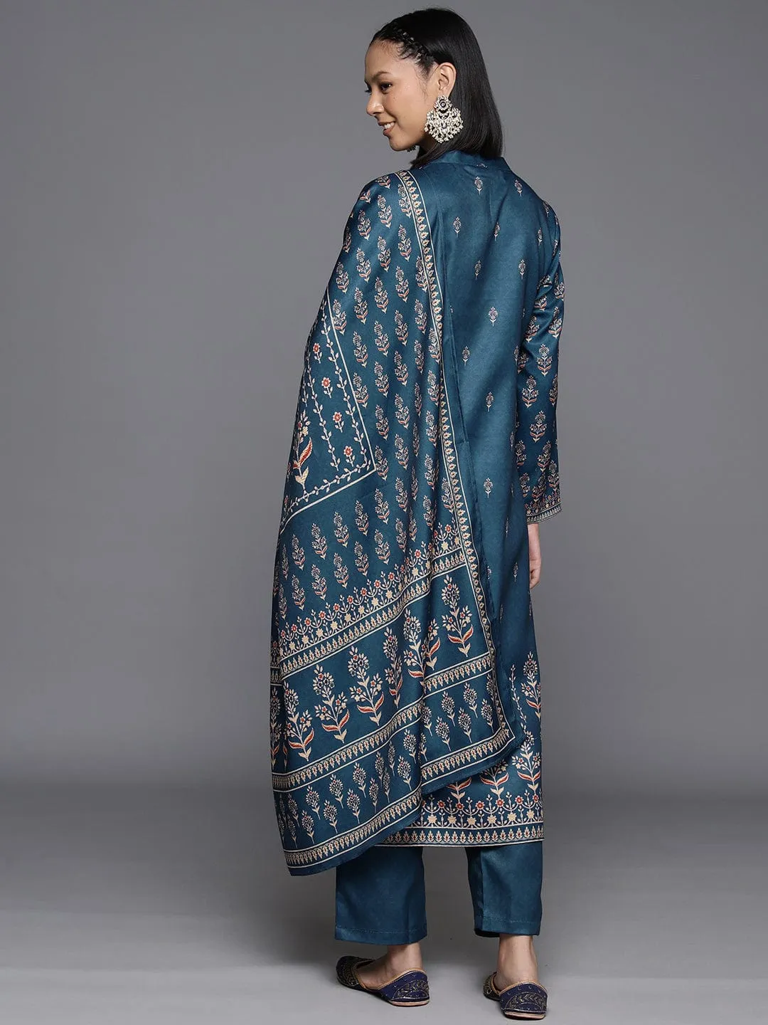 Varanga Women Blue Wool Ethnic Motif Printed Straight Kurta With Bottom And Dupatta