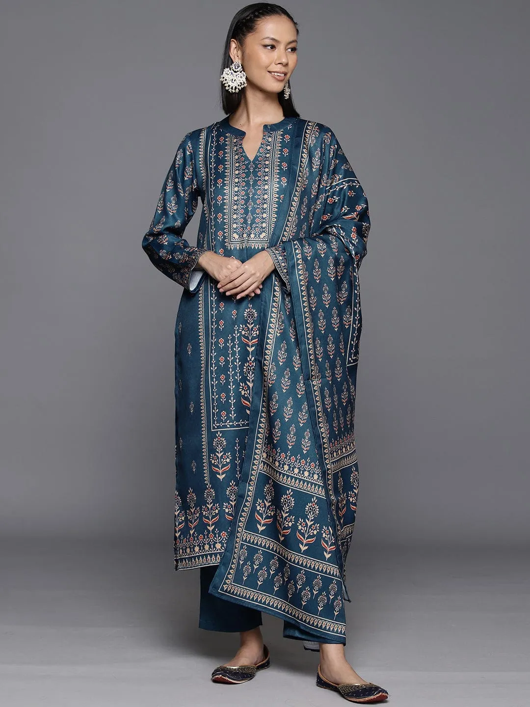 Varanga Women Blue Wool Ethnic Motif Printed Straight Kurta With Bottom And Dupatta