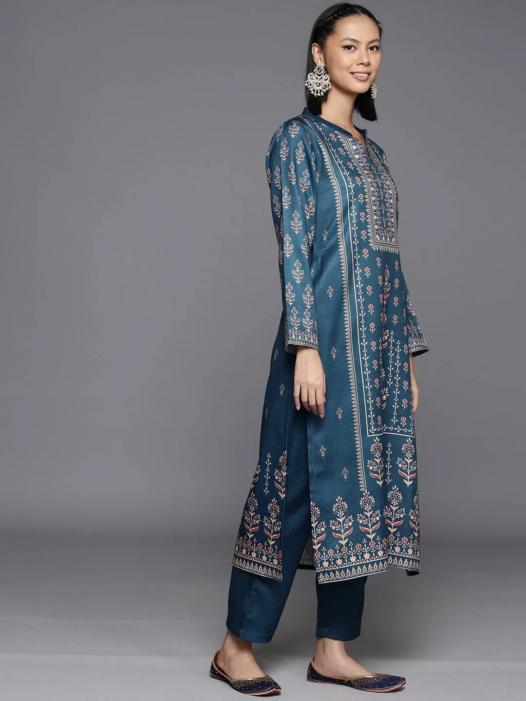 Varanga Women Blue Wool Ethnic Motif Printed Straight Kurta With Bottom And Dupatta