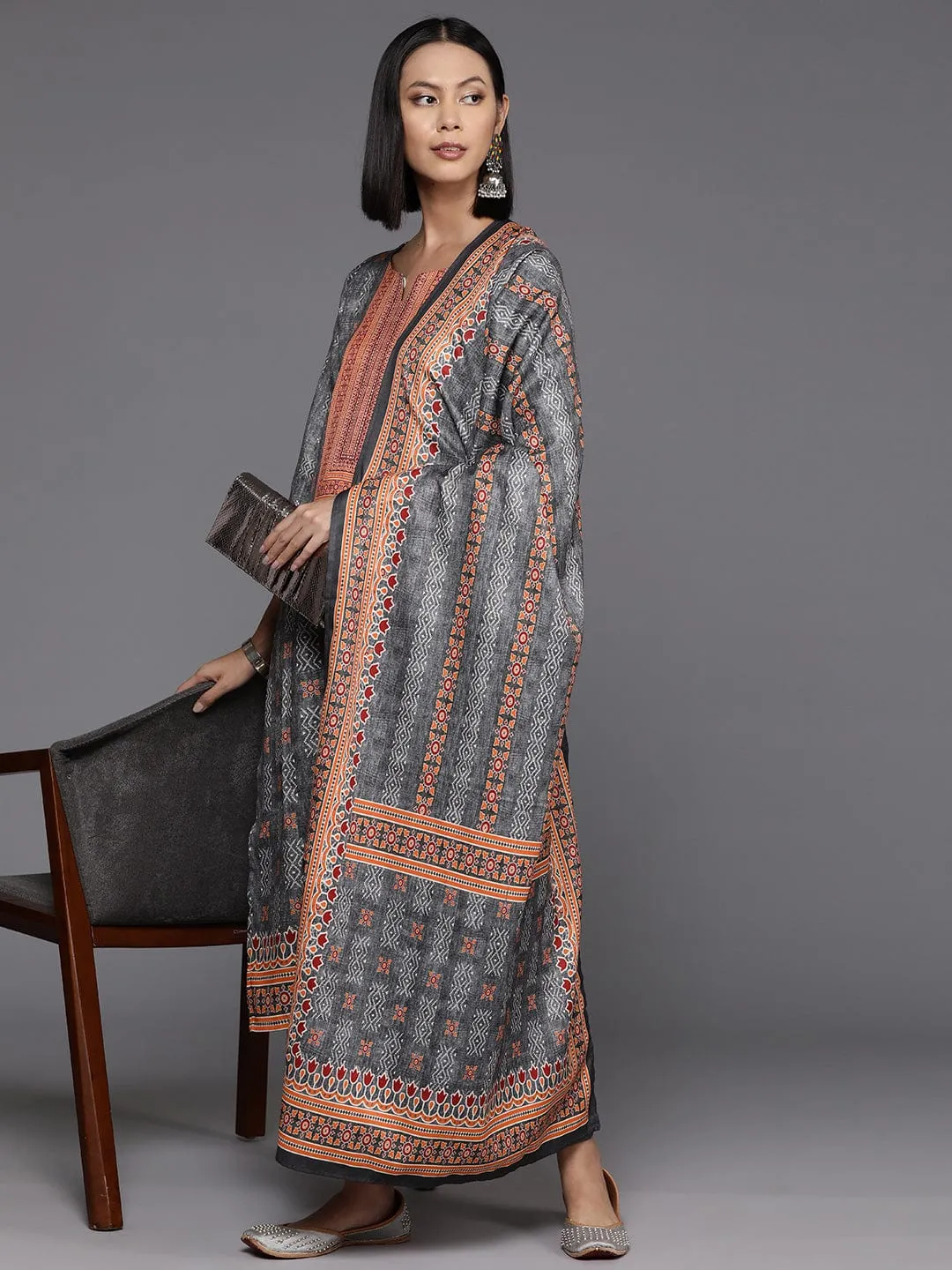 Varanga Women Grey Ethnic Motif Printed Straight Kurta With Tonal Bottom And Dupatta