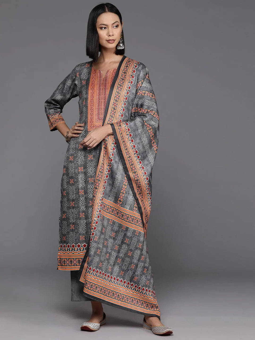 Varanga Women Grey Ethnic Motif Printed Straight Kurta With Tonal Bottom And Dupatta