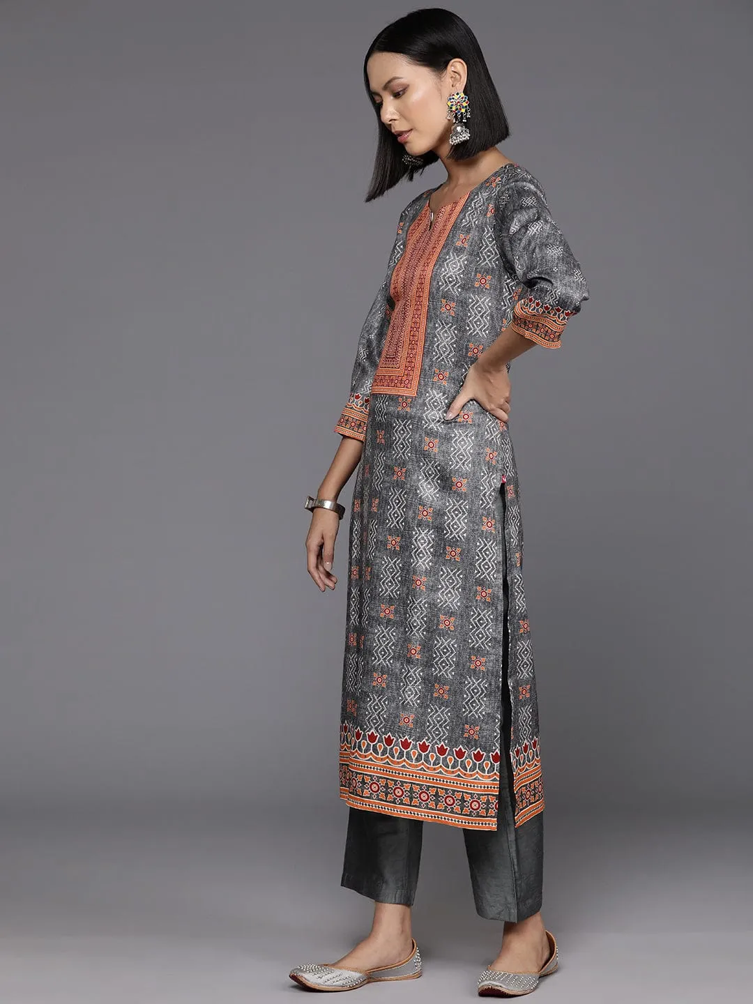 Varanga Women Grey Ethnic Motif Printed Straight Kurta With Tonal Bottom And Dupatta