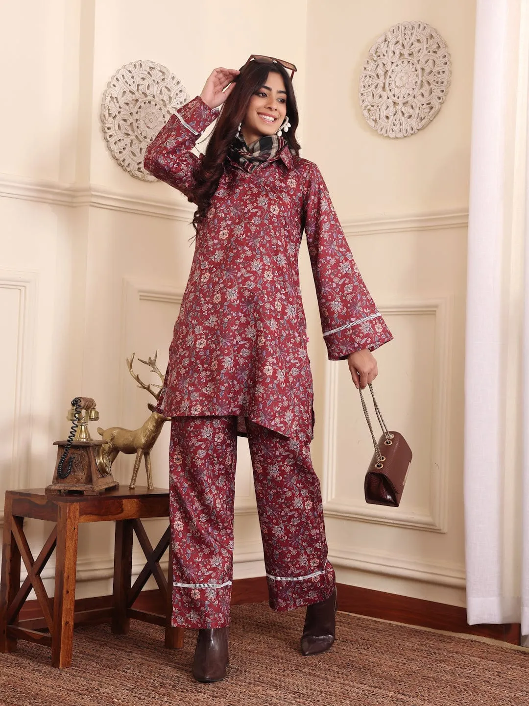 Varanga Women Rust Floral Printed Winter Co-Ord Set