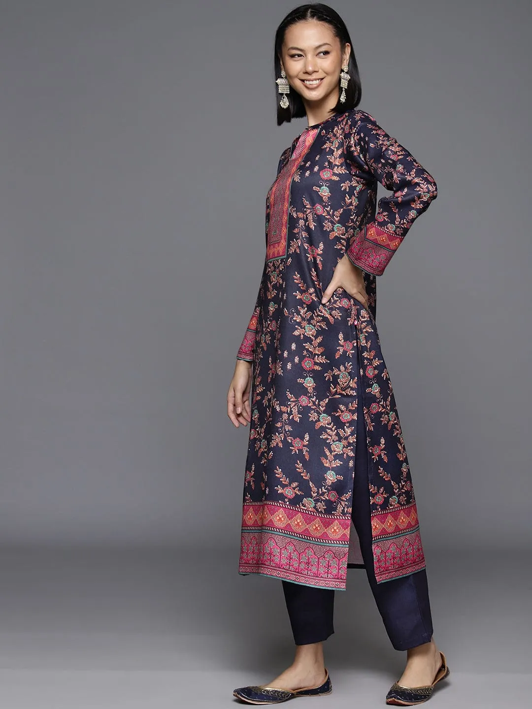 Varanga Womenwomen Navy Blue Woolen Floral Printed Straight Kurta With Solid Bottom And Dupatta