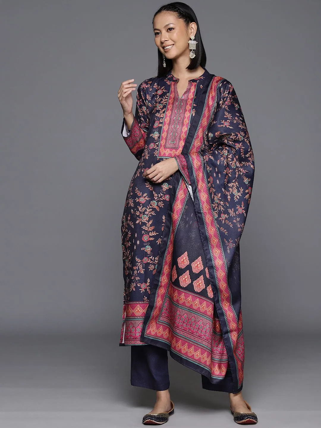 Varanga Womenwomen Navy Blue Woolen Floral Printed Straight Kurta With Solid Bottom And Dupatta