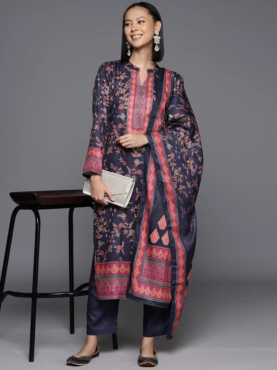 Varanga Womenwomen Navy Blue Woolen Floral Printed Straight Kurta With Solid Bottom And Dupatta